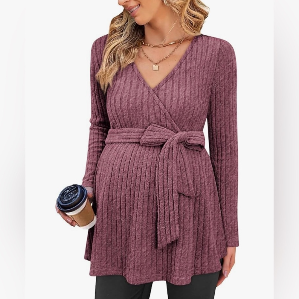 Brand New Maternity Mauve Ribbed Knit Wrap Top